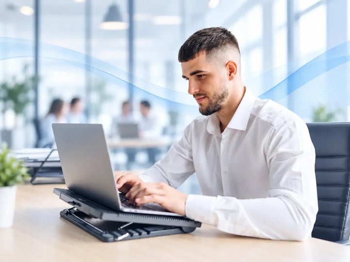 Hombre trabajando en una laptop en una oficina